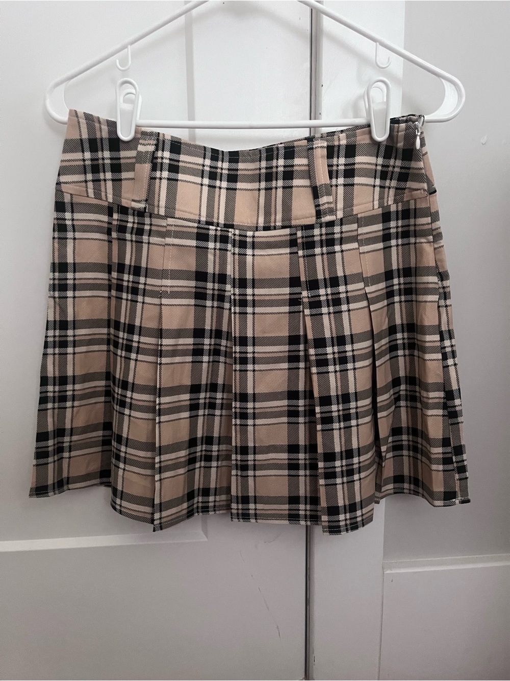 Beige Plaid Pleated Mini Skirt